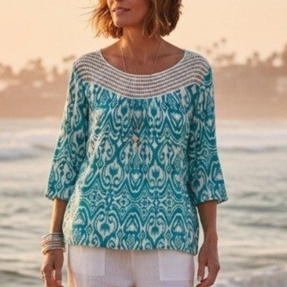 Jones New York Women 2X Ikat Print Crochet Yoke 3/4 Sleeve Top Teal White Boho